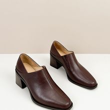 棕色复古高跟鞋女春秋百搭新款粗跟方头单鞋深口软皮职业小皮鞋