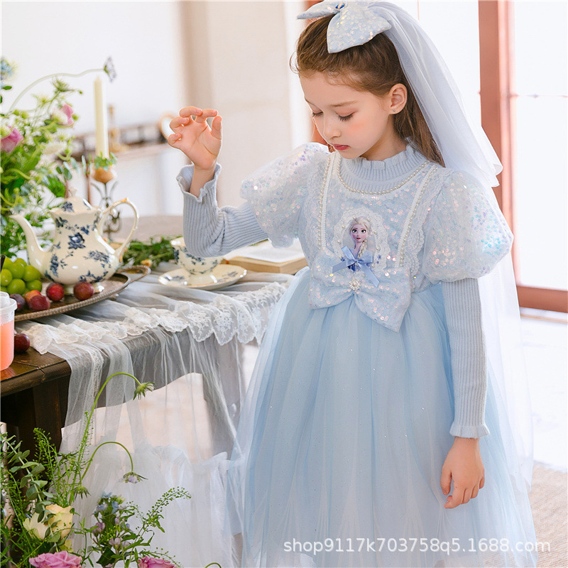 Girl's dress autumn and winter Aisha princess dress children's frozen long-sleeved knitted fluffy yarn Aisha dress
