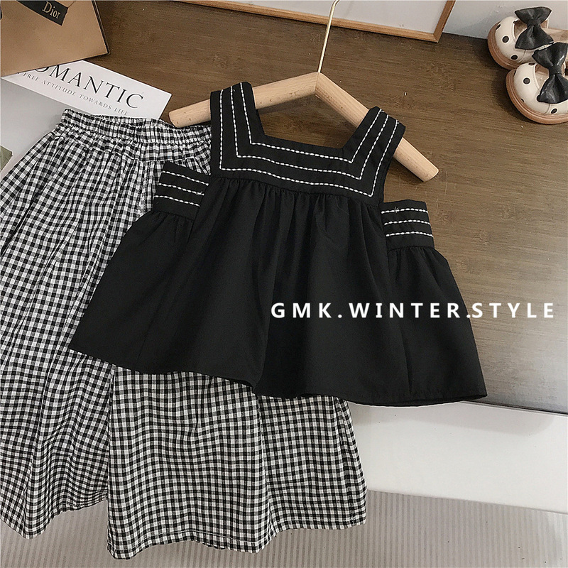 女の子の夏のスーツの新しい子供服のファッションの赤ちゃんの夏服のゆったりした格子の2つのセットの服の外国貿易|undefined