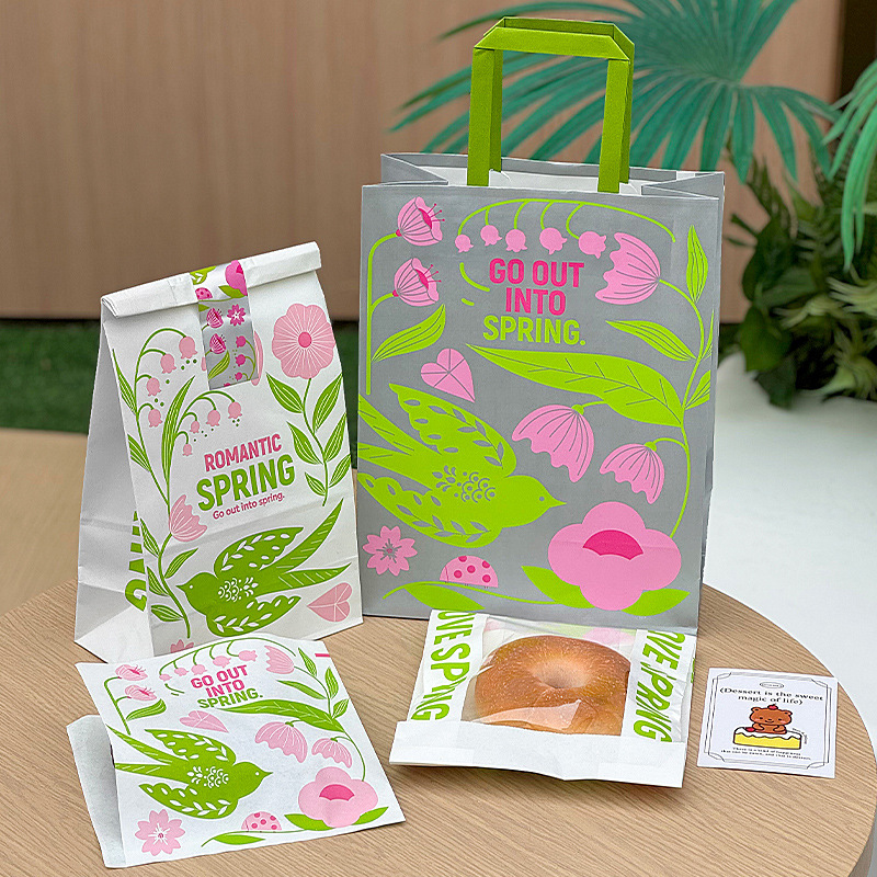 春天手提袋牛皮纸袋烘焙面包甜品外卖打包袋春日礼品袋包装纸袋子