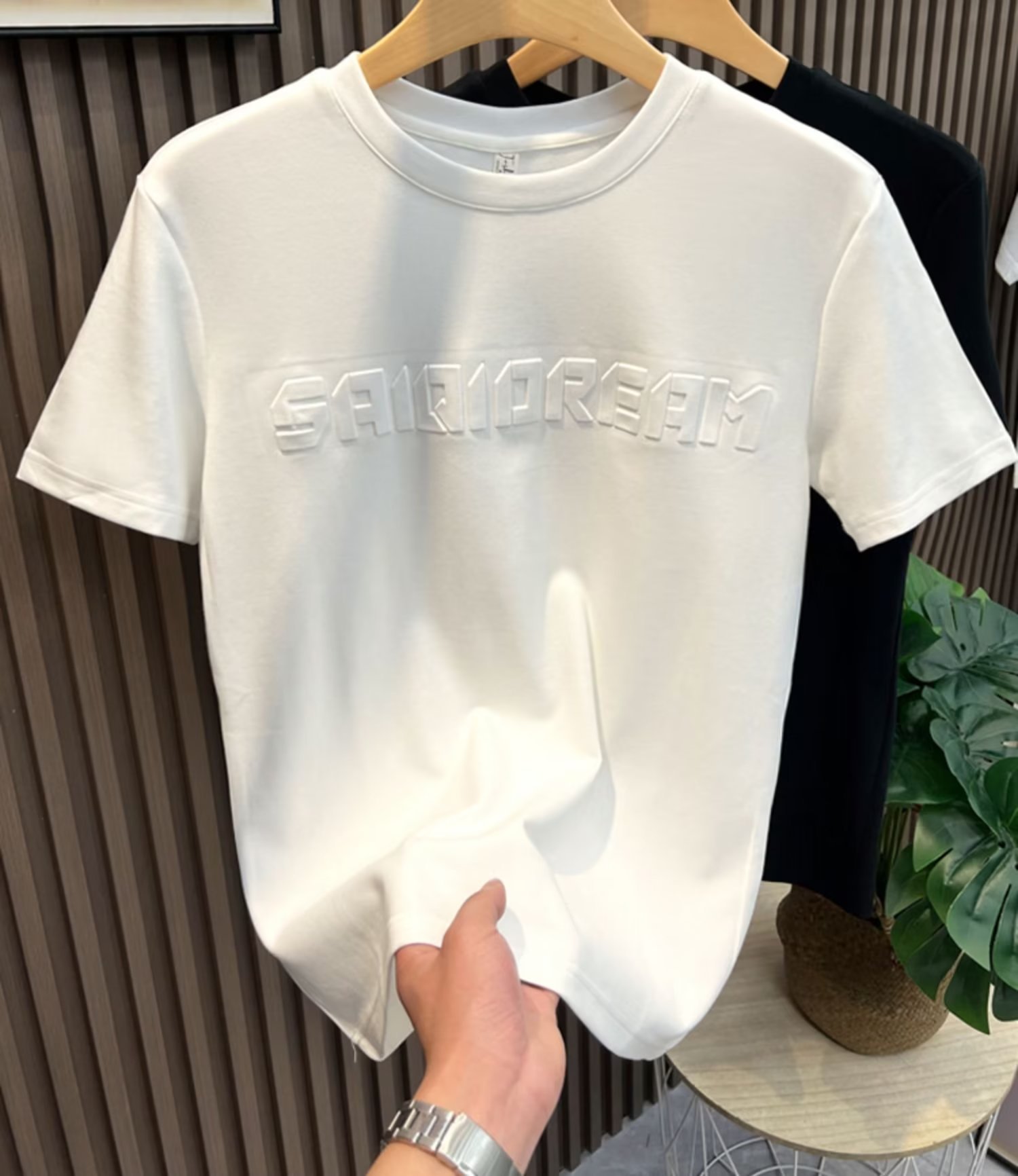 T-shirt jeune col rond, Instagram quotidien, marque tendance lettres et chiffres, texte d'été, manches 5/4, standard pour hommes_voghion.com