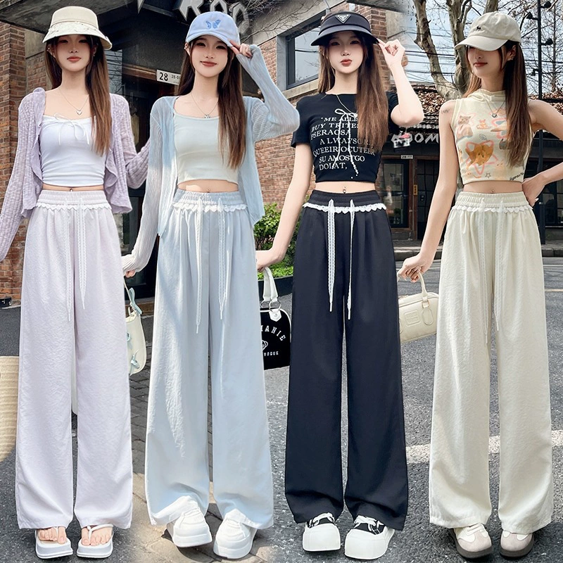 Кружевные кружевные широкие брюки женские 2025 летний новый стиль с высокой талией свободные швабра корейские тонкие вертикальные повседневные брюки
