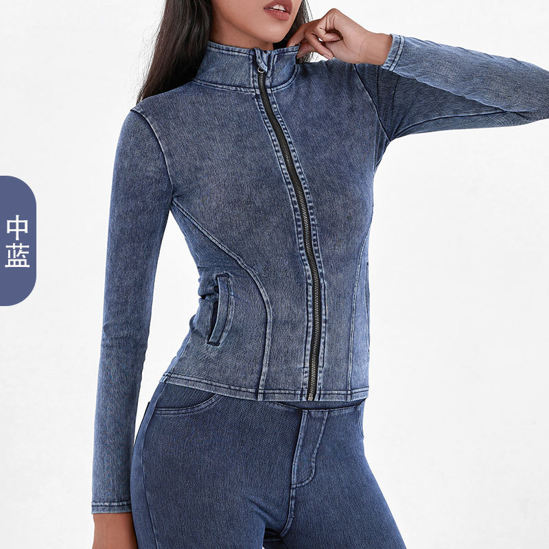 Cross-border nuevo punto Denim cremallera chaqueta de yoga mujeres adelgazamiento apretado de cuello alto doble bolsillo fitness ropa de abrigo superior