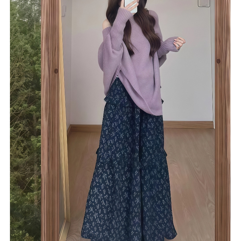 温柔风一整套早秋盐系轻熟斜肩毛衣针织衫碎花气质半身裙两件套潮|undefined