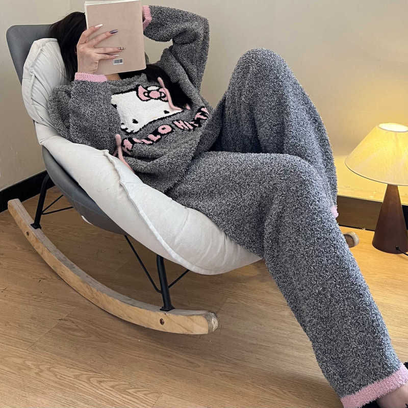 少女HelloKitty半边绒睡衣女冬季软糯舒适大码加绒家居服套装ins|undefined