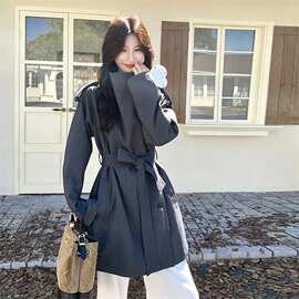26氛围感灰色收腰风衣小众立领设计腰带束腰显瘦中长款小个子秋装