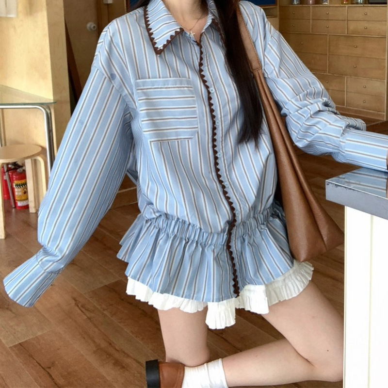 设计感撞色条纹长袖衬衫女装2025新款秋季小众休闲宽松POLO领上衣|undefined