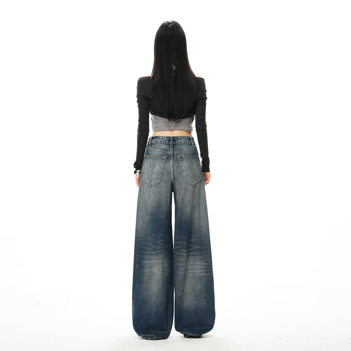 2026 Spring New Style Mid-Waist Folded Waist American Retro Washed Wide-Leg Denim Floor-Length Pants