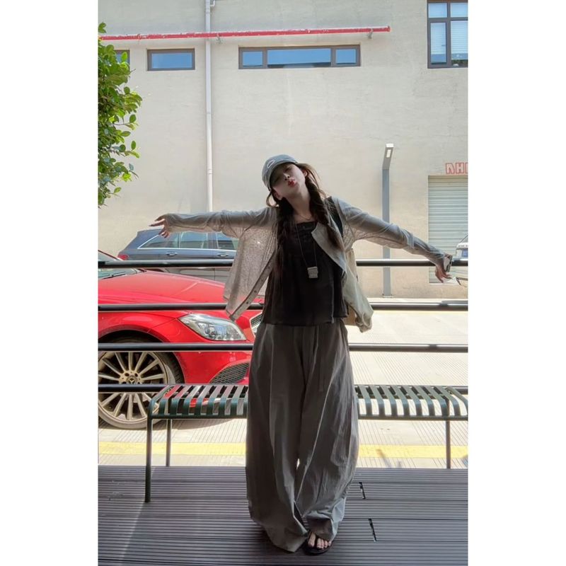 高级松弛感吊带背心上衣外搭防晒开衫山本休闲裤三件套|undefined