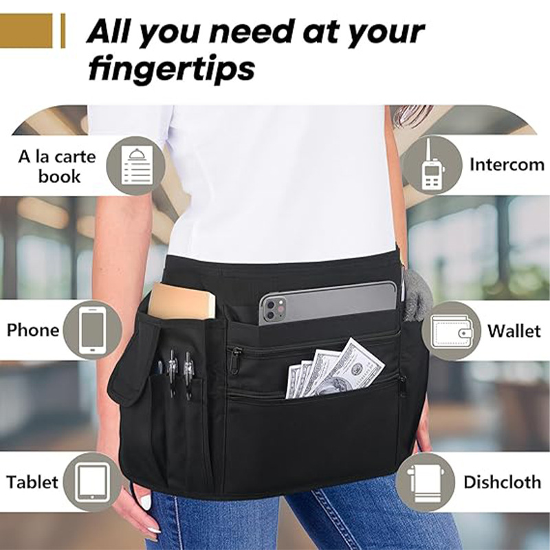 Delantal de tela Oxford de Amazon transfronterizo, logotipo personalizado, pedido de restaurante, riñonera única, limpieza de tareas, riñonera portátil, media longitud