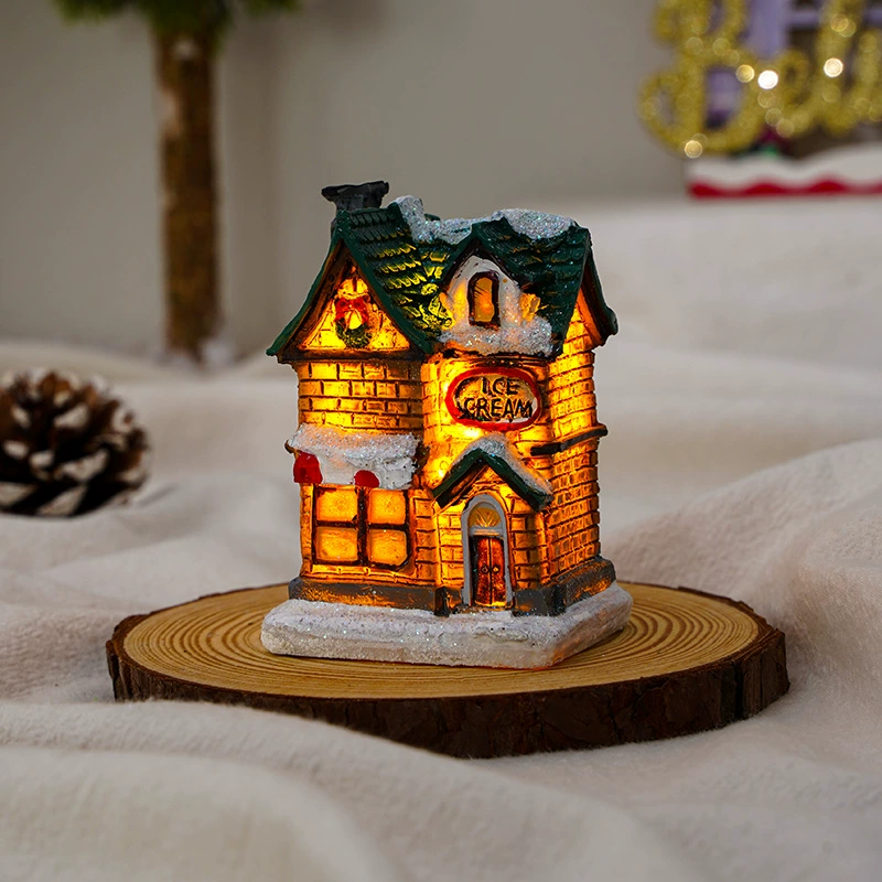 Miniature resin house decorations, micro landscape LED models, battery‑powered, assorted sizes 7–10 cm