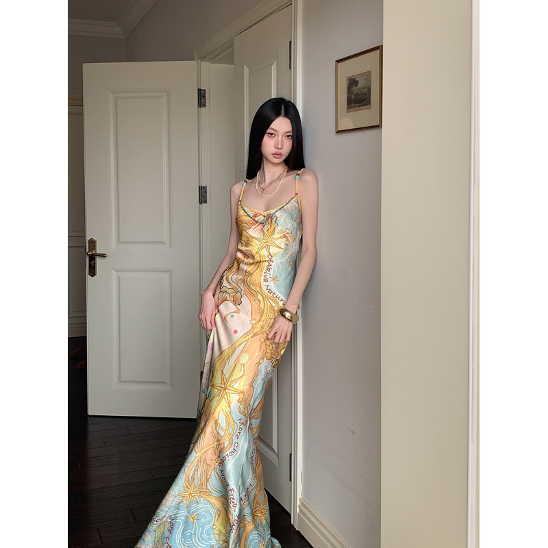 Real Shot of In-Stock Rhinestone Mysticism Print Beaded Dress with Spaghetti Straps for Women