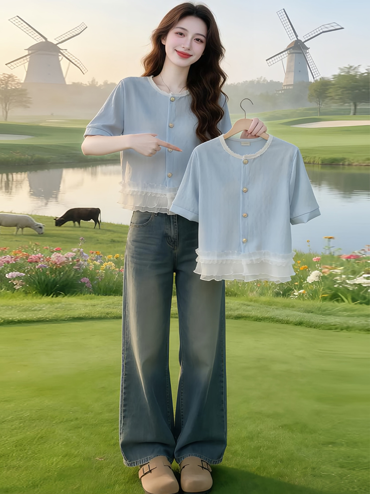 Áo sơ mi nữ ngắn tay ren viền hoa phong cách thiết kế nhỏ — xanh lam chi tiết 5