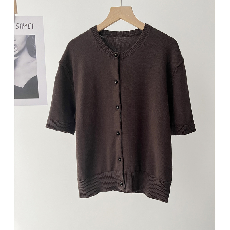 Women's in stock M Style Simple Brown Skin-Friendly Cotton All-Match Round Neck Short-Sleeved Knitted Cardigan Top