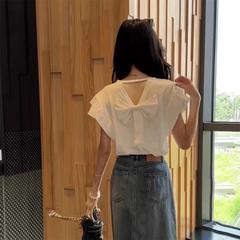 法式甜美飞飞袖T恤女2025夏季新款后背蝴蝶结镂空别致绝美小上衣