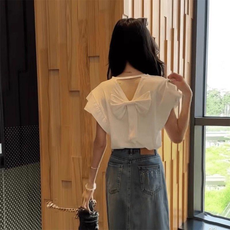 法式甜美飞飞袖T恤女2025夏季新款后背蝴蝶结镂空别致绝美小上衣