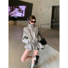 早秋新款韩系气质辣妹设计感条纹收腰抽绳长袖外套女上衣