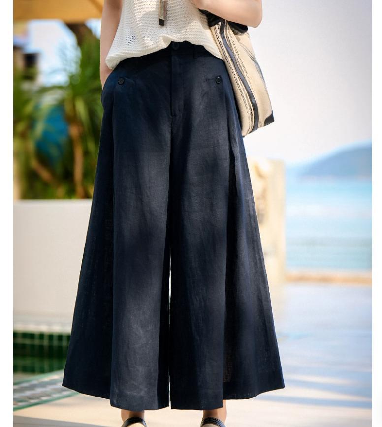 Quần culottes nữ ống rộng chất liệu linen mát mẻ mùa hè — Xanh lông mòng đen, màu trắng, màu mơ chi tiết 6
