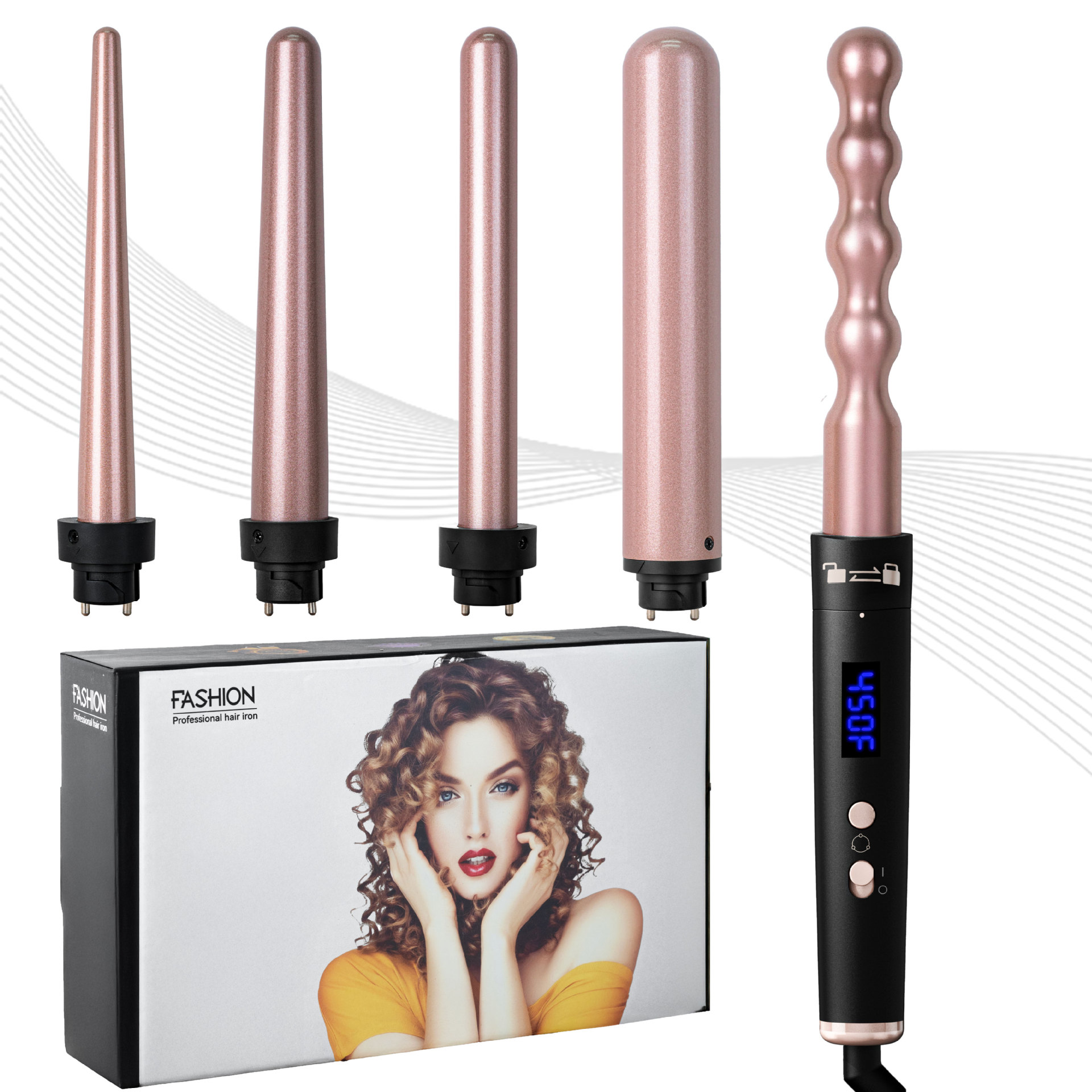 Cross-border new electric heating rod multi-function head changing hair curler LCD Display Smart 5-in-1 pipe changing hair curler wholesale