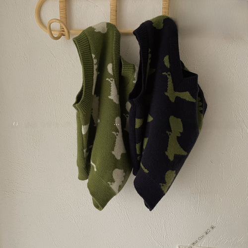  Spring and Autumn New Cute Dinosaur Embroidery V-neck Loose Knitted Vest for Boys and Girls 