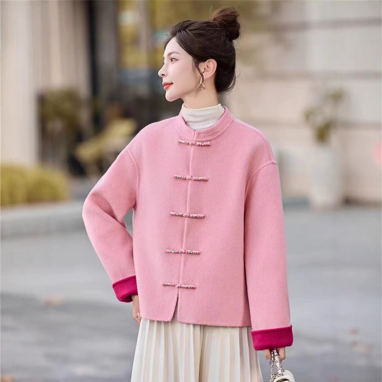 国风双面羊毛大衣2025秋冬新款双面双色圆领盘扣新潮羊毛呢子外套