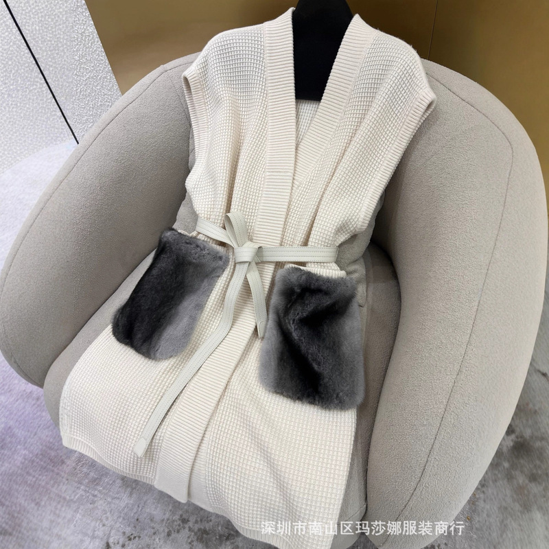 25 Early Autumn New Fashion Simple Cashmere and Mink Sleeveless Pure Color Mid-Length Belted Knitted Vest Jacket