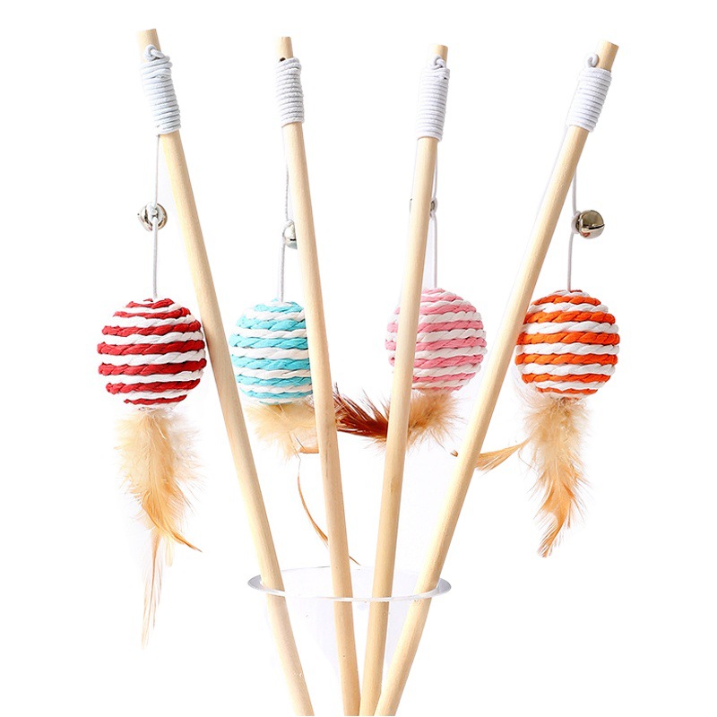 Varillas de madera de algodón y lino, bastones para gatos divertidos al por mayor, gatitos, juguetes para gatos aburridos, campanas de plumas, varillas para gatos divertidos de madera maciza, juguetes para mascotas