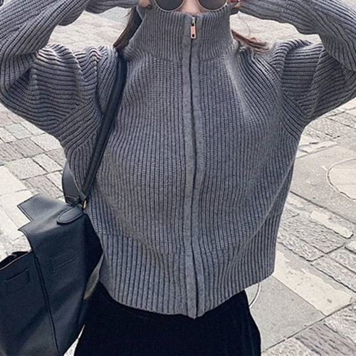 纯色编织格纹毛衣外套女慵懒风短款宽松早秋外穿上衣女士针织开衫详情20