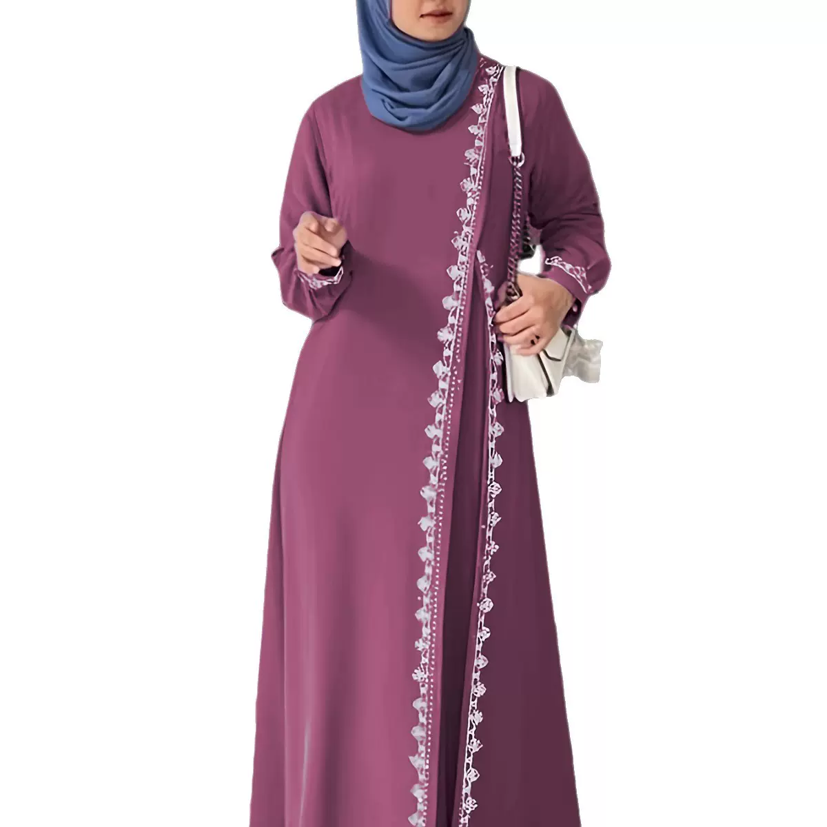 跨境东南亚中世纪穆斯林女装纯色长袖花边连衣裙时尚圆领女士长袍