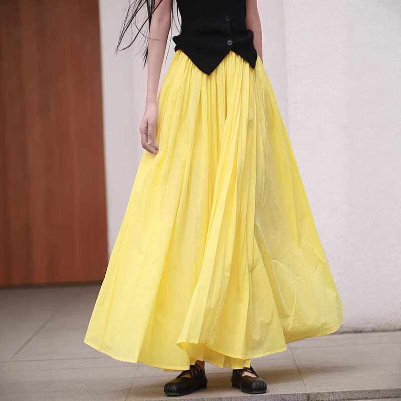 26 Spring/Summer New Style All-Cotton Double-Layer Extra Large Vintage Elastic Waist Skirt in Yellow for Petite Figures to Look Taller