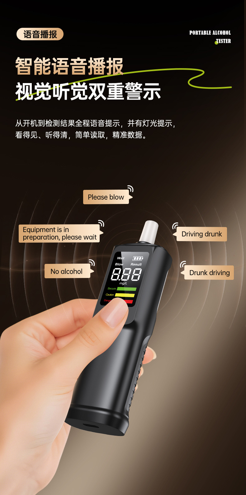 English and Russian Version High-Precision Digital Display Breathalyzer for Drunk Driving Testing, Overnight Alcohol Measurement Device, Alcohol Tester