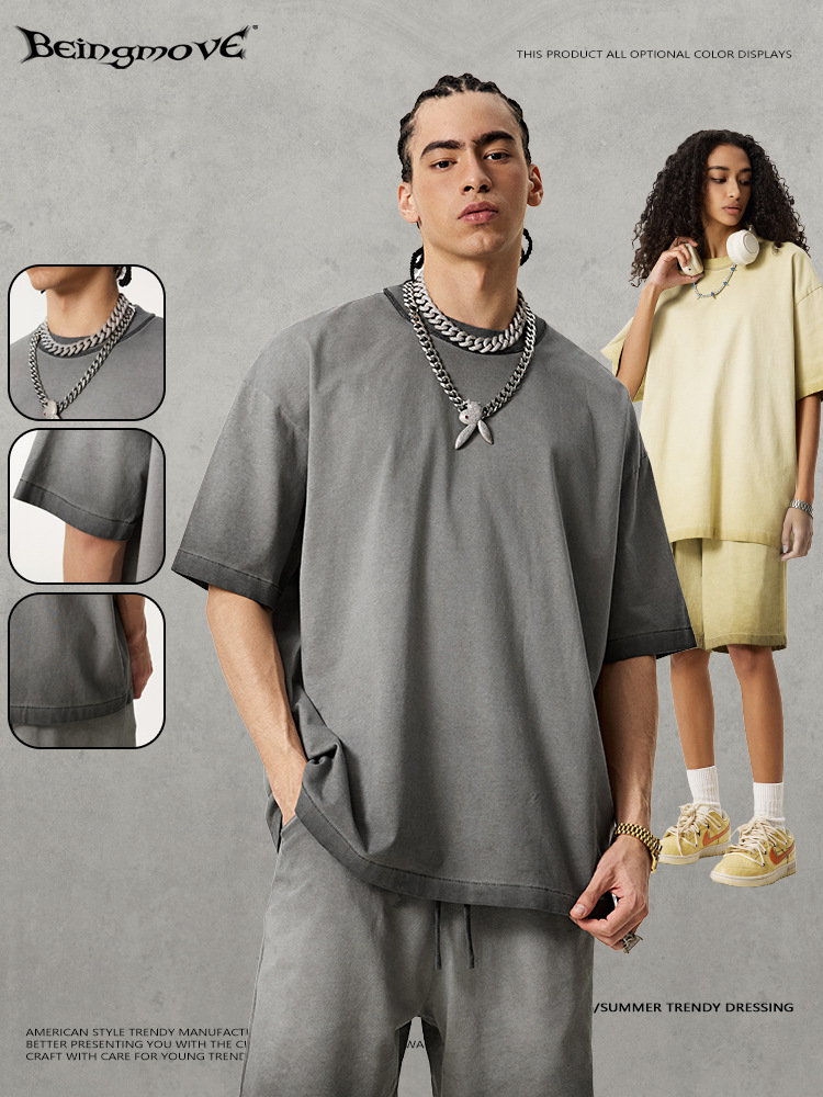2025 verano europeo y americano camiseta de media manga grande suelta camiseta de doble hilo plano camiseta de cuello redondo moda masculina