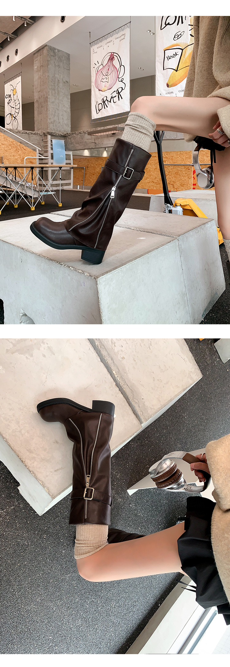 Boot nữ cổ cao ôm bắp chân da thật mũi tròn gót vuông Chunky khóa thắt lưng — màu đen, nâu đậm chi tiết 14
