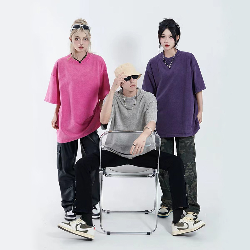 Camiseta de manga corta rosa lavada con agua de verano nueva camiseta de cuello redondo suelta de gran tamaño americana retro in camiseta de marca de moda