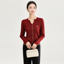 2517103-16针立体绞花羊毛混纺针织开衫简约圆领上装女秋冬款南油