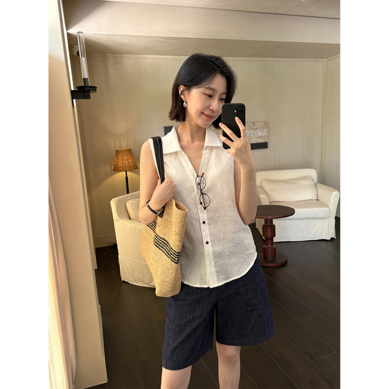 Han Xun Low-Key and Sophisticated Old Money Style Linen Breathable Small Embroidery Sleeveless Shirt for Women 2026 Summer New Model 26905