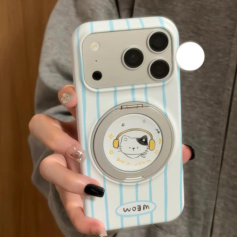 Blue striped earphone cat 360-degree rotating magnetic stand suitable for Apple 17PROMAX phone case, new iPhone1
