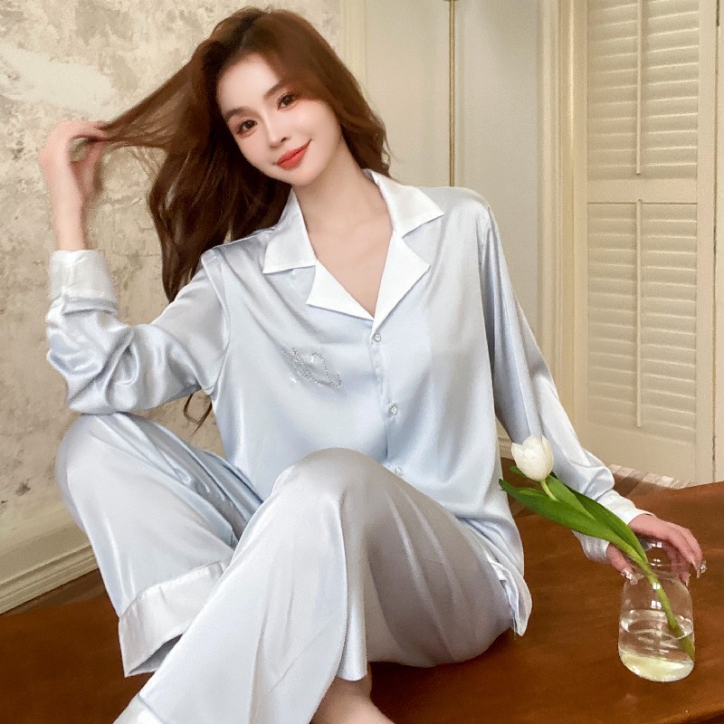 여성용 여름 신상 긴팔 고급 투피스 잠옷 세트, 아이스 실크 소재, 외출복으로도 활용 가능, 캐주얼 홈웨어, 도매, 가벼운 럭셔리