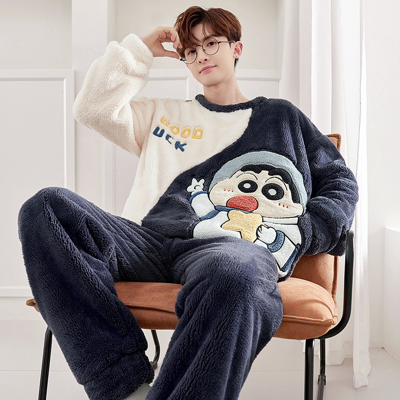 Pijamas de invierno de los hombres de coral de lana engrosada forrada de lana cálido desgaste del hogar traje de dibujos animados de franela Jersey de invierno de los hombres