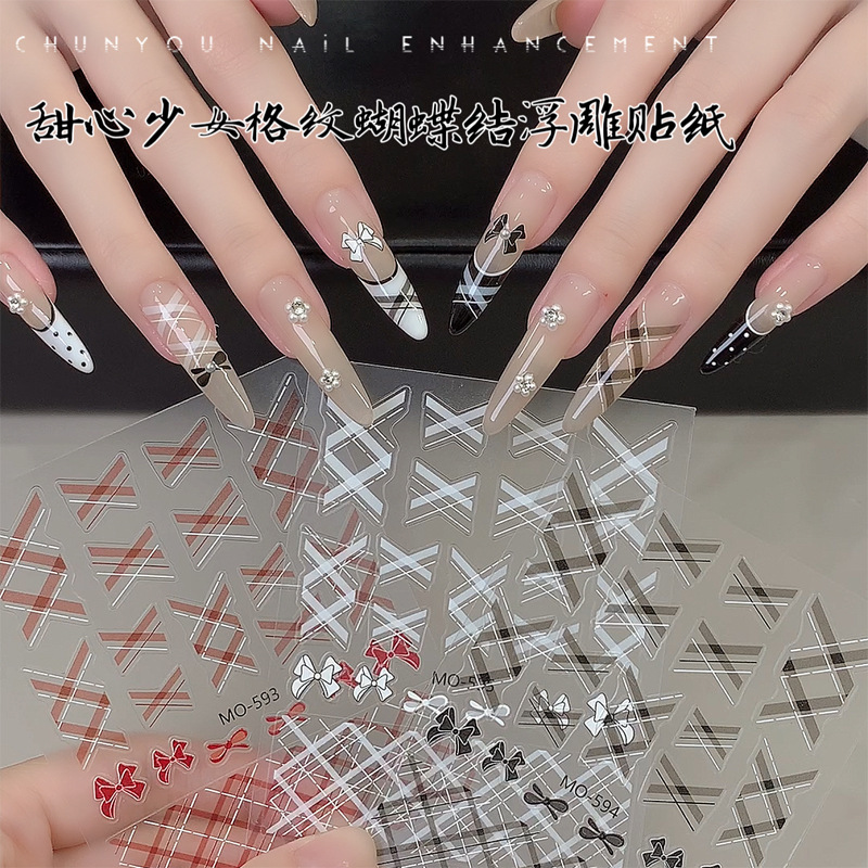 Plaid Bow Nail Art Stickers Sweet Little Fragrant Bow Red Black and White Adhesive Nail Decoration Stickers