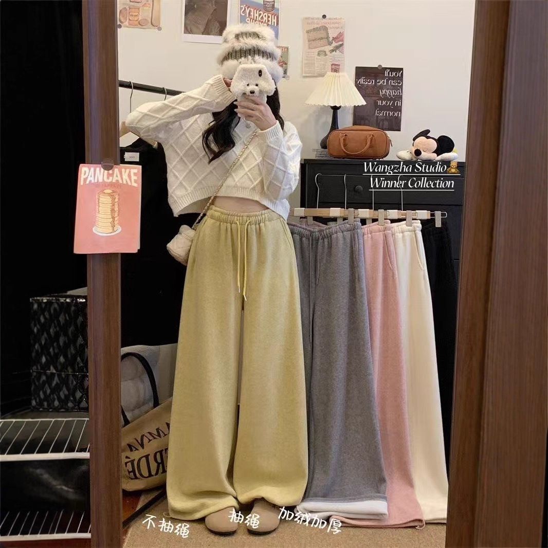 Irina Autumn and Winter Fleece-Lined Thickened Long-Leg Slimming Drawstring Jogger Casual Cloud Two-Way Towel Pants for Women