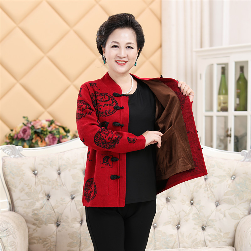 中老年人男女开衫爸爸妈妈情侣装大码本命年奶奶加绒加厚毛衣外套