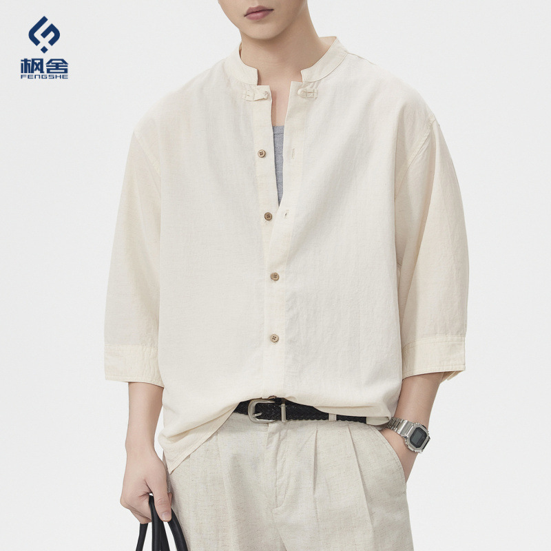 Fengshe Men's Clothing /2026 Summer Linen Short-Sleeve Shirt Men's Retro Three-Quarter Sleeve Shirt Retro Short-Sleeve Shirt