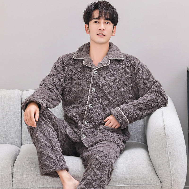 Pijamas de lana de coral coreana para hombres otoño y invierno engrosados franela se pueden usar cardigan de manga larga de invierno conjunto de ropa para el hogar