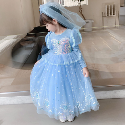 Princess Elsa Dress 2024 Girls Spring and Autumn Cinderella Fleece Formal Dress Children's Spring Outfit Elsa Dress