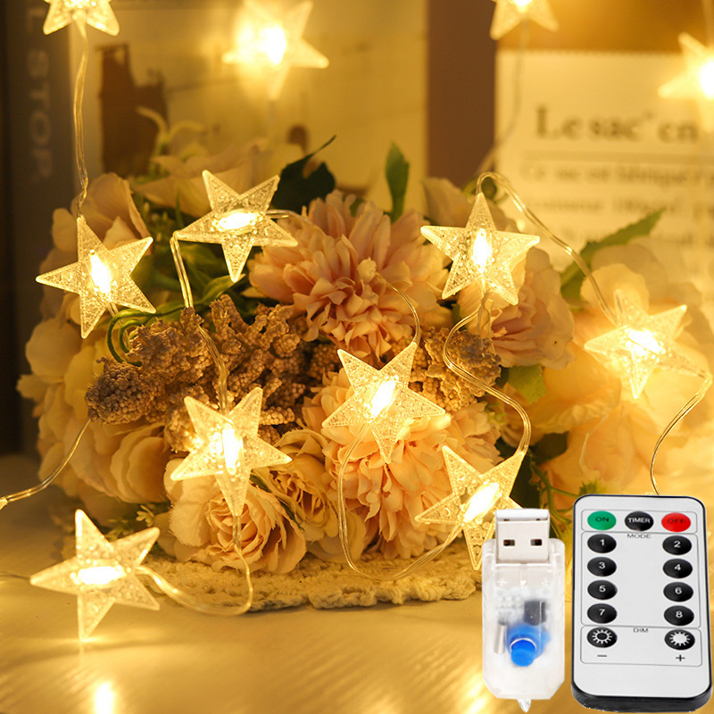 Perla estrella de cinco puntas Cadena de luz solar de alambre de cuero USB luz al aire libre impermeable camping Navidad decoración de vacaciones Cadena de luz de colores