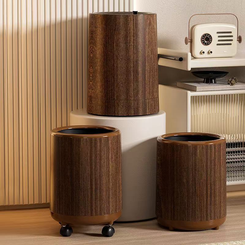 Wood Grain Style Trash Can for Home Use, Lidless Storage Bin, Light Luxury Cleaning Bin with Wheels, Movable Toilet Hygiene Bin Wood Grain Style Trash Can for Home Use, Lidless Storage Bin, Light Luxury Cleaning Bin with Wheels, Movable Toilet Hygiene Bin