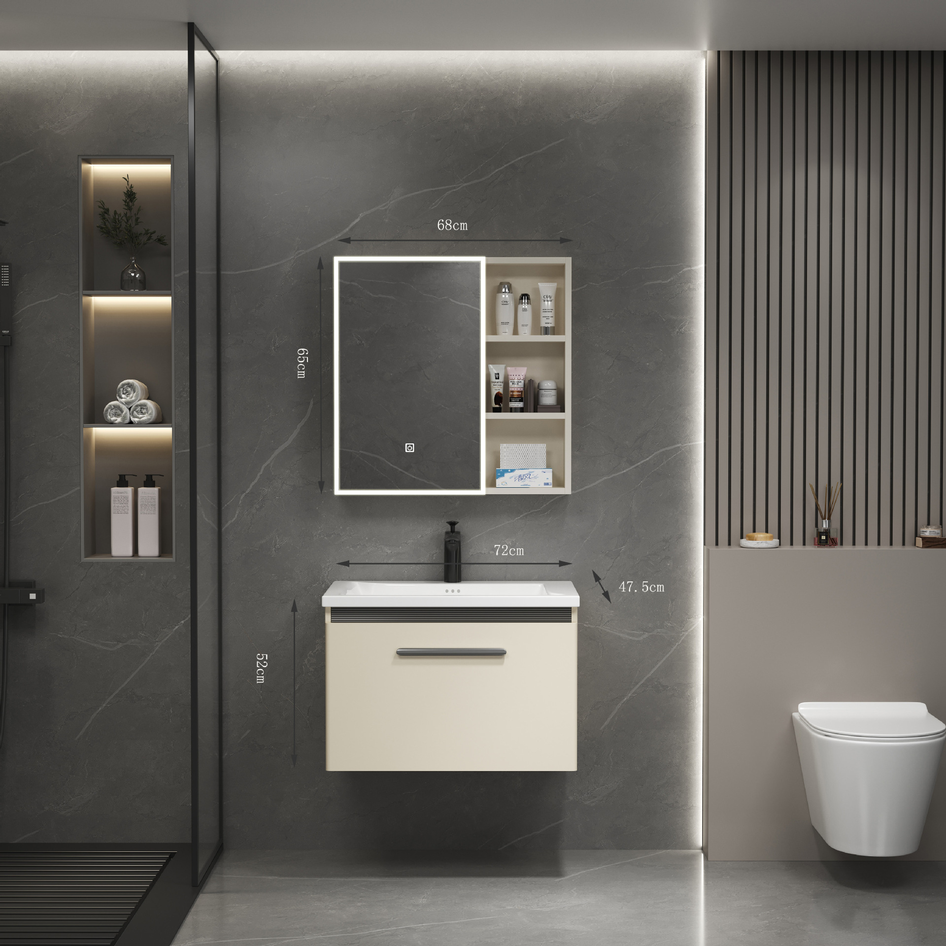 Moderno simple estilo crema de acero inoxidable inteligente espejo de maquillaje gabinete de cerámica integrado lavabo de baño gabinete de lavado de baño