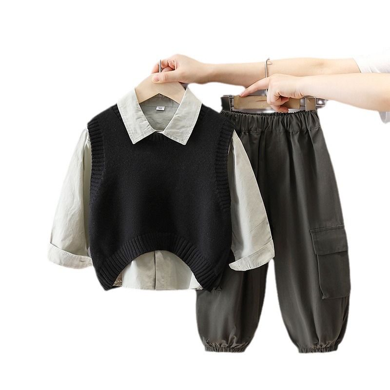 6209 Traje de otoño para niños 2025 Nueva camisa de manga larga de primavera y otoño para niños Baby Net Chaleco rojo de tres piezas