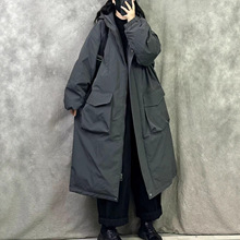 中长款开襟拉链连帽长袖拼接口袋纯色百搭冬季新夹棉保暖风衣外套
